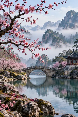 Plum blossoms, mountains, a bridge and a lakeside pavilion