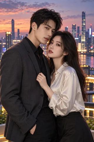 Fictional modern romance couple together against a city skyline