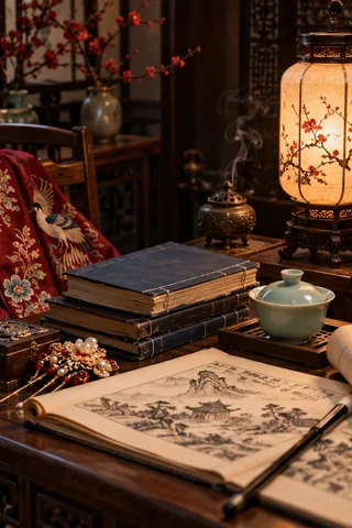 Traditional books, embroidered costume, tea and a lantern
