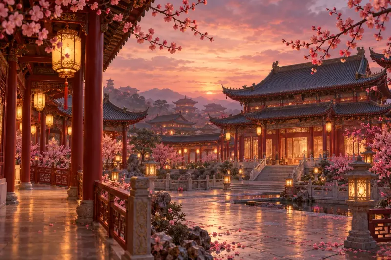 Chinese palace courtyard glowing with golden lanterns beneath pink plum blossoms at dusk