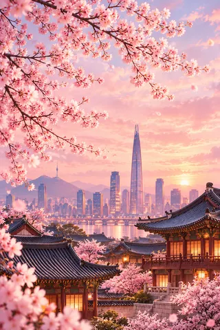 Decorative illustration of cherry blossoms over Korean palace roofs and the Seoul skyline