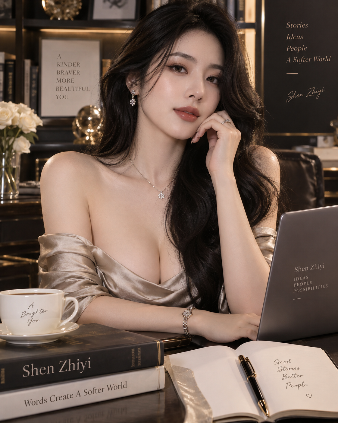 Shen Zhiyi at her writing desk in an ivory dress