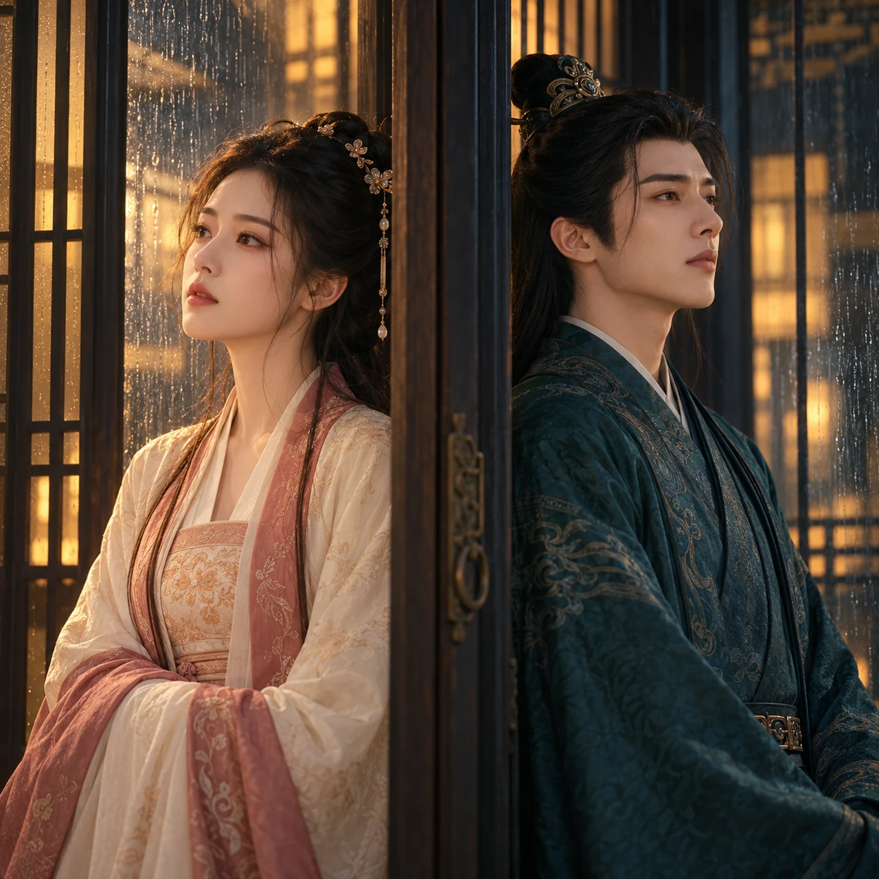 Fictional historical romantic leads facing apart, divided by a rain-lit doorway