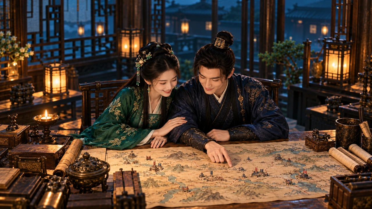 Fictional historical couple in jade and navy smiling side by side over a shared travel map
