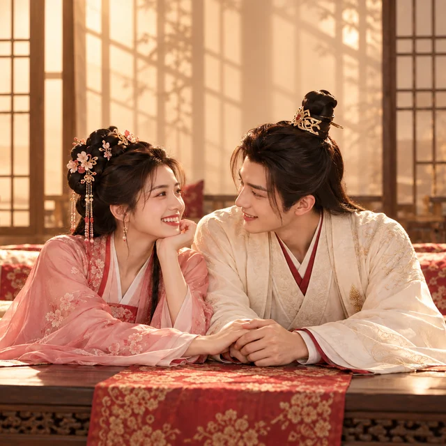 Fictional historical couple smiling together at home and holding hands