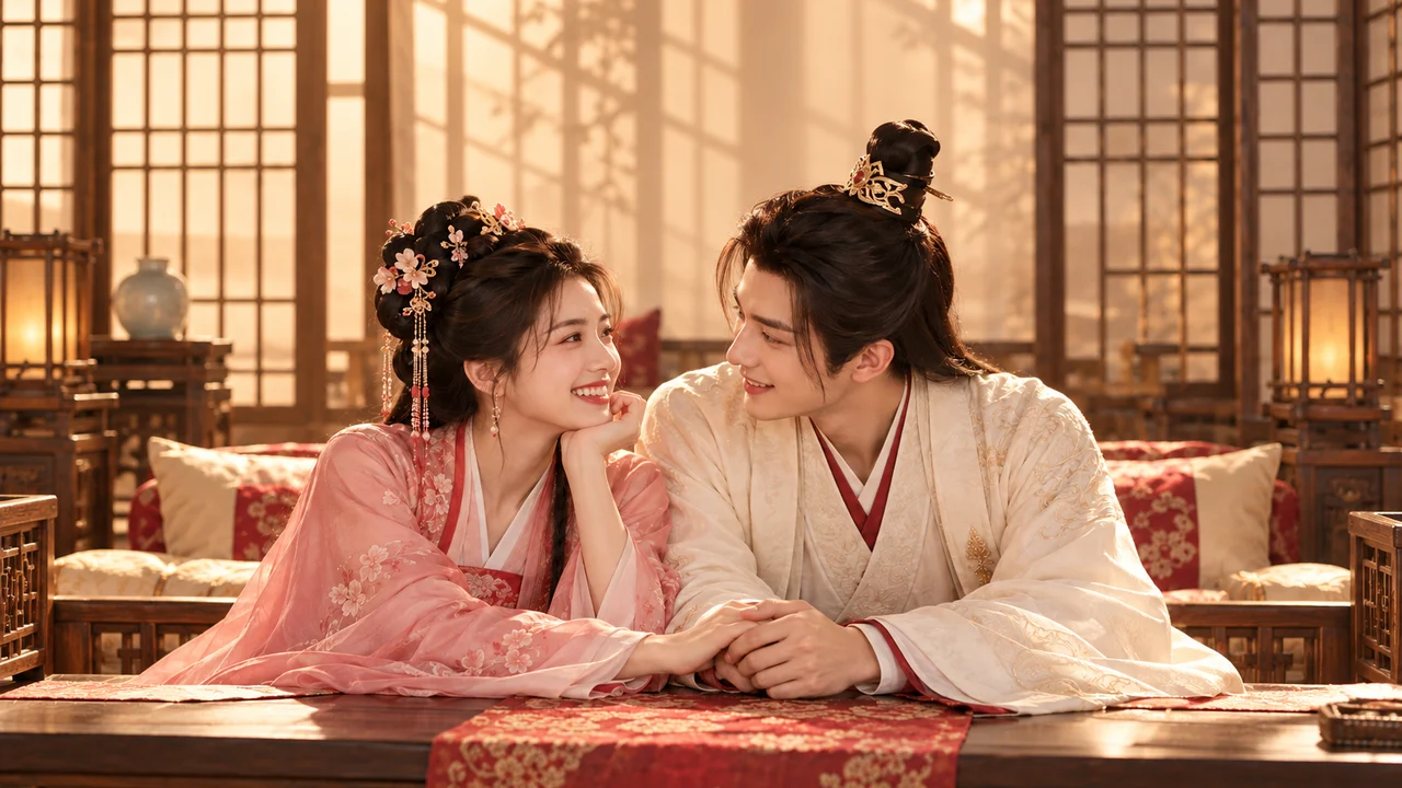 Fictional historical couple smiling together at home and holding hands
